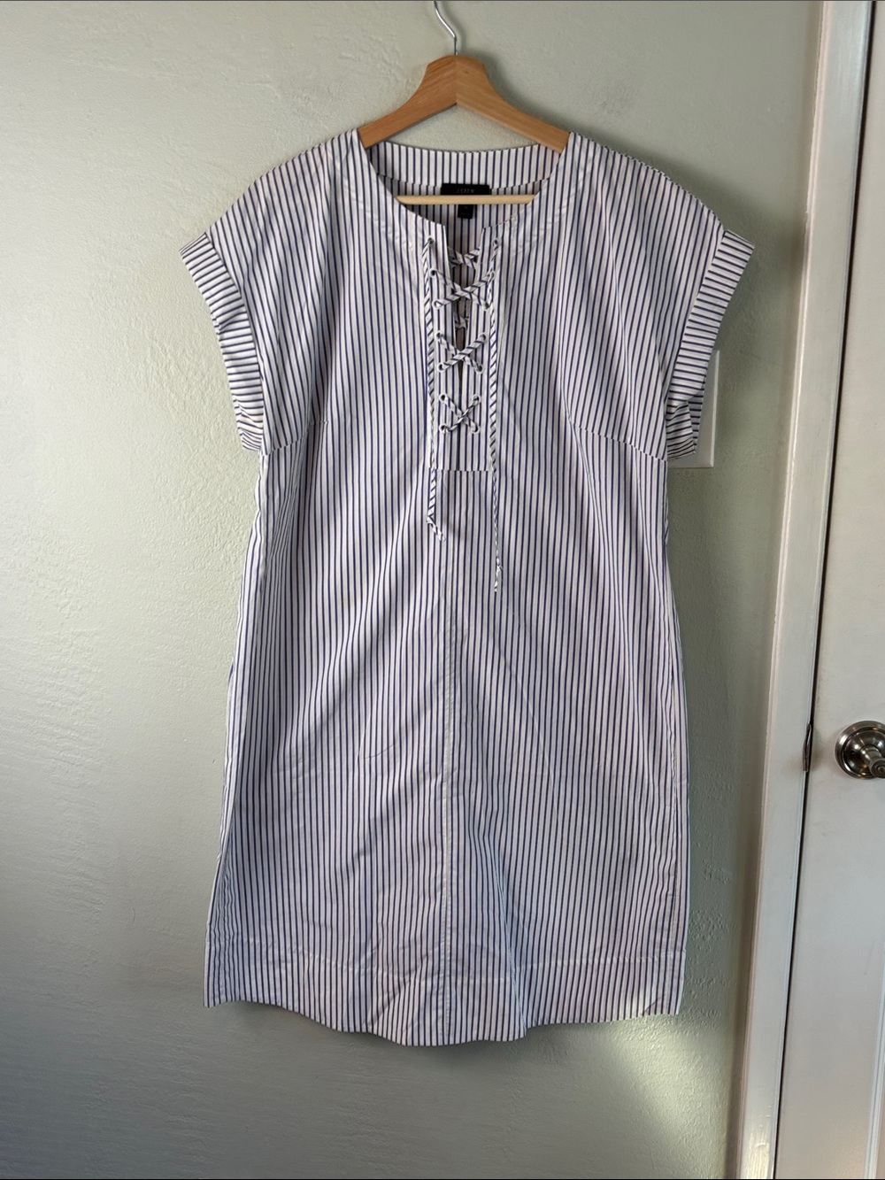 J. Crew Blue & White Striped Lace-Up Shift Dress Size Large Tall